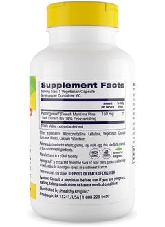 Healthy Origins Healthy Origins Pycnogenol 150 mg - Premium Pine Bark Extract - French Maritime Pine Bark Extract for Heart Health, Skin Care & More - Gluten-Free & Non-GMO Supplement - 60 Veggie Caps  - Image 2