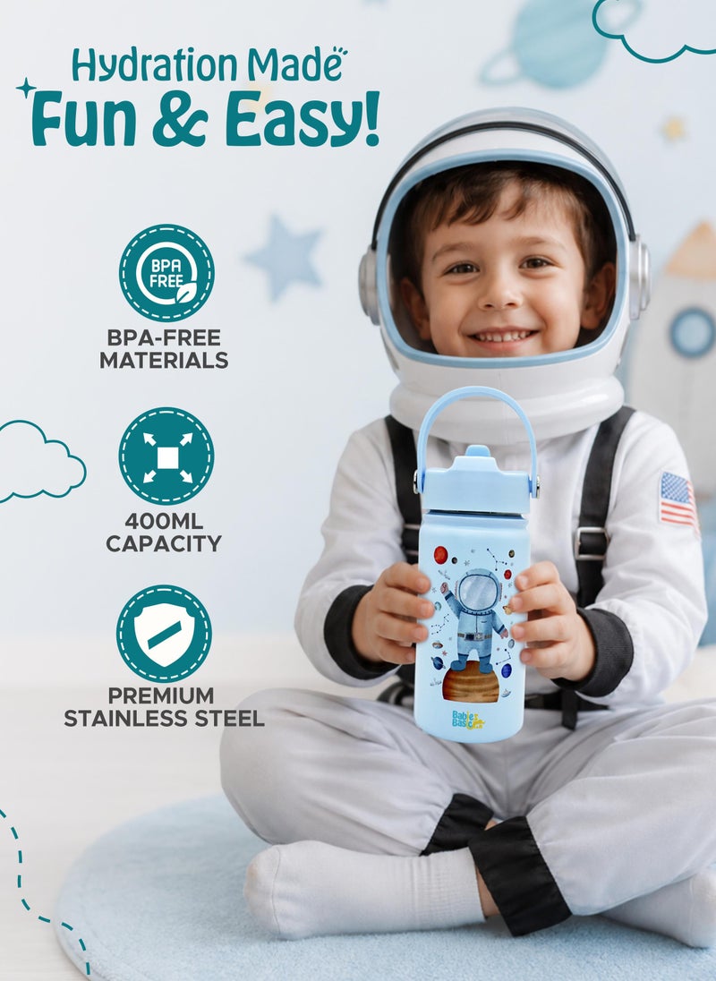 Babies Basic Kids Stainless Steel Water Bottle with Straw - 400ml – Double Wall Vacuum Insulated, Leakproof Thermal Flask, BPA-Free, Reusable Drinking Bottle for School & Travel - Astronaut Themed - Blue - Image 3