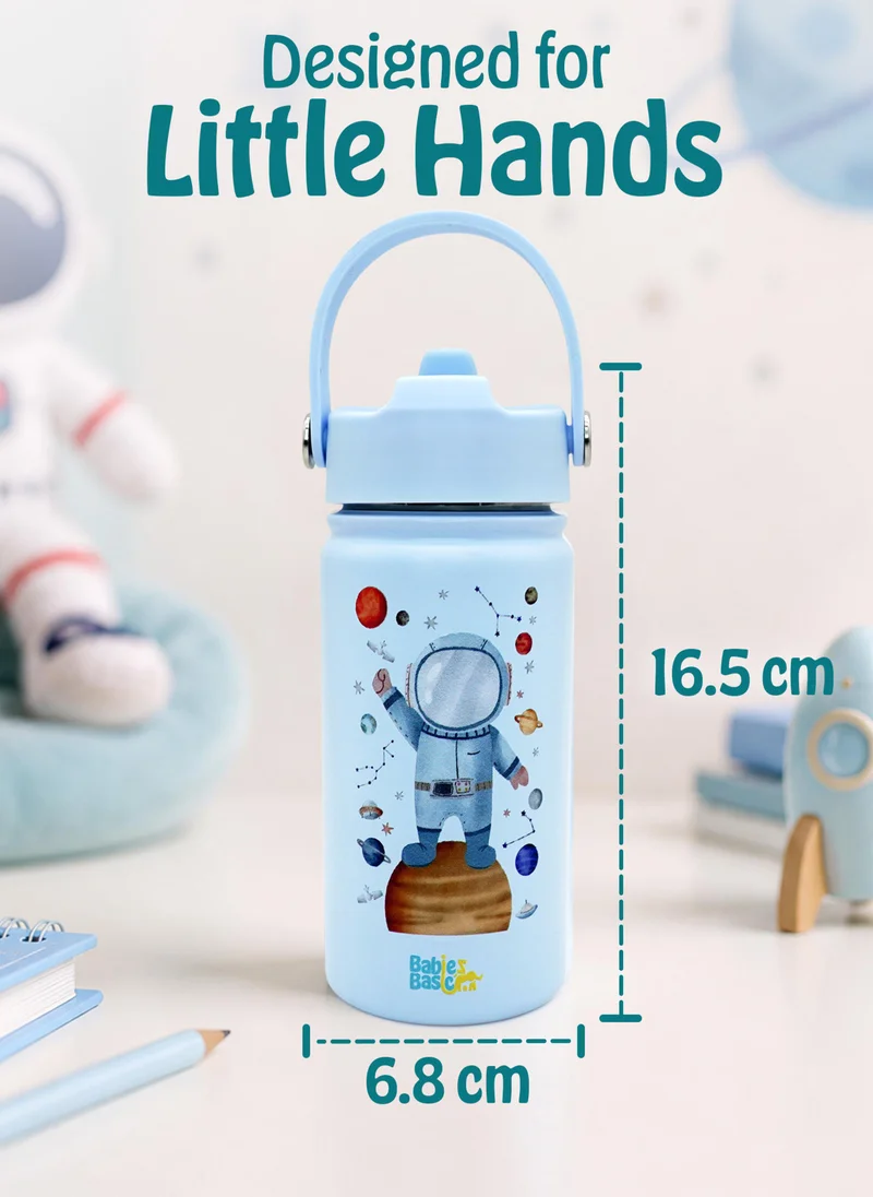 Babies Basic Babies Basic Kids Stainless Steel Water Bottle with Straw - 400ml – Double Wall Vacuum Insulated, Leakproof Thermal Flask, BPA-Free, Reusable Drinking Bottle for School & Travel - Astronaut Themed - Blue