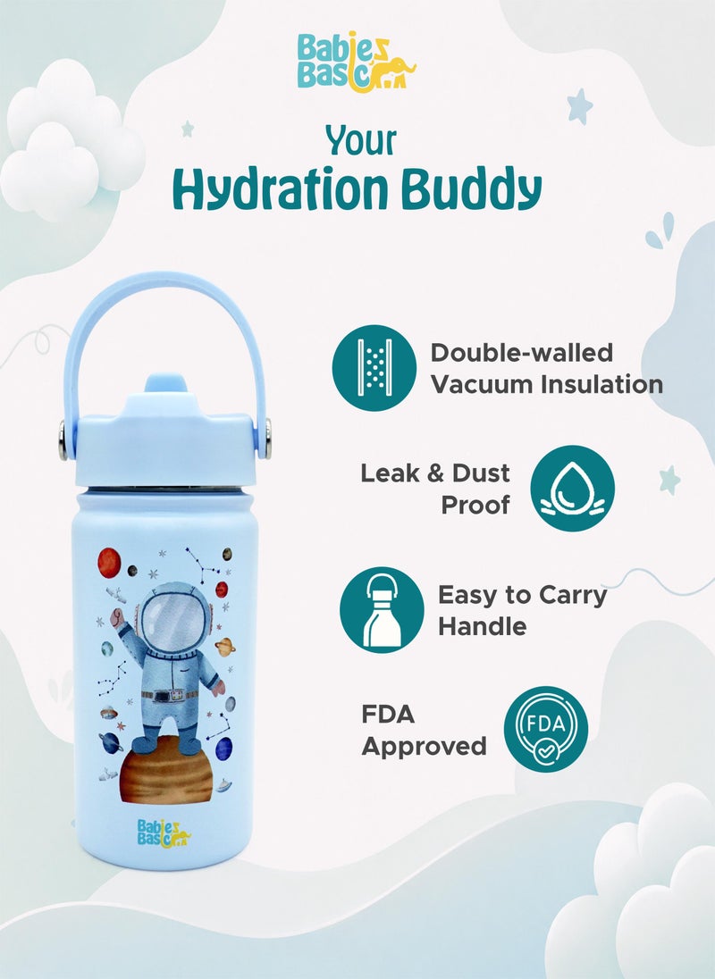 Babies Basic Kids Stainless Steel Water Bottle with Straw - 400ml – Double Wall Vacuum Insulated, Leakproof Thermal Flask, BPA-Free, Reusable Drinking Bottle for School & Travel - Astronaut Themed - Blue - Image 5