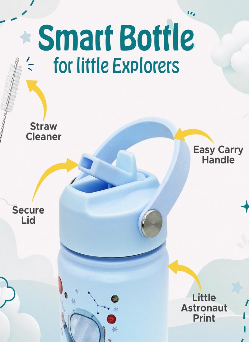 Babies Basic Kids Stainless Steel Water Bottle with Straw - 400ml – Double Wall Vacuum Insulated, Leakproof Thermal Flask, BPA-Free, Reusable Drinking Bottle for School & Travel - Astronaut Themed - Blue - Image 4