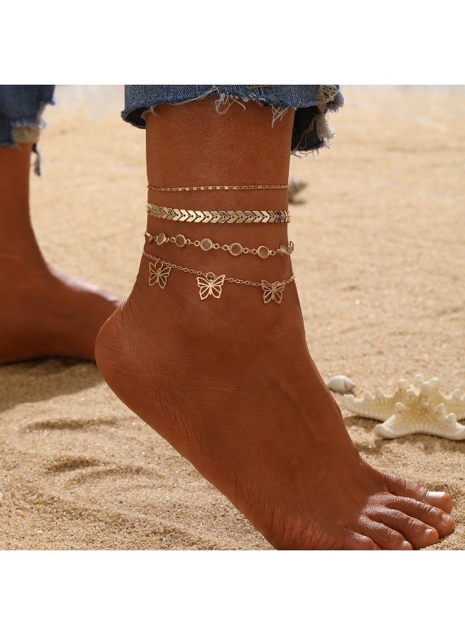 Huitich 4-Piece Gold Color Butterfly & Layered Chain Anklet Set for Women - Image 3