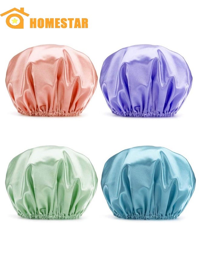 HOMESTAR 4 Pack Shower Cap, Luxury Shower Cap Waterproof, Double Layer Reusable Bath Shower Cap for Women Spa, Hair Salon, Home Hotel Travel Use - Image 1