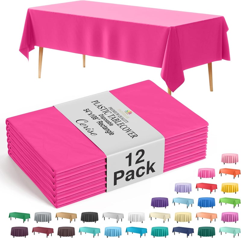 Exquisite 12-Pack Premium Plastic Tablecloth 54in. x 108in. Rectangle Table Cover - Cerise - Image 1