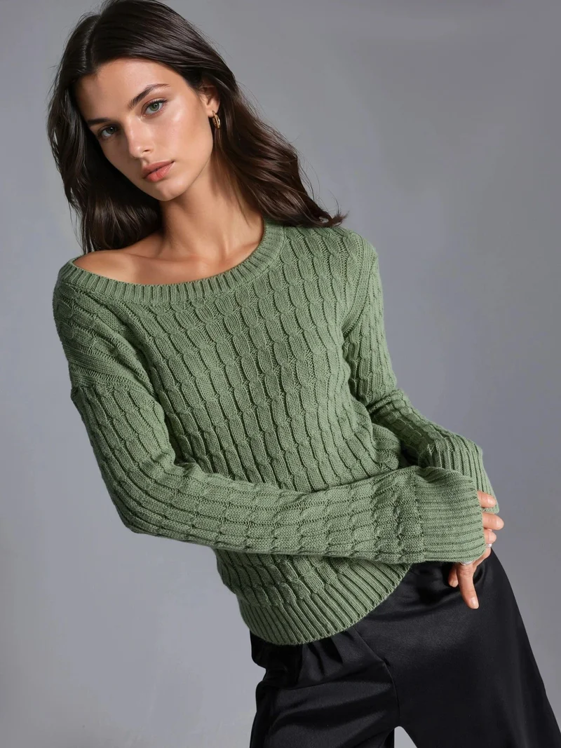 MY FASHION Sage Green MY FASHION Boat Neck Cable Knit Sweater for Women | Best Price UAE