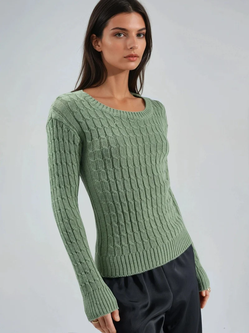 MY FASHION Sage Green MY FASHION Boat Neck Cable Knit Sweater for Women | Best Price UAE
