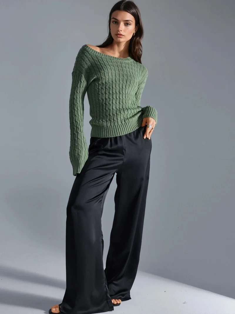 MY FASHION Sage Green MY FASHION Boat Neck Cable Knit Sweater for Women | Best Price UAE