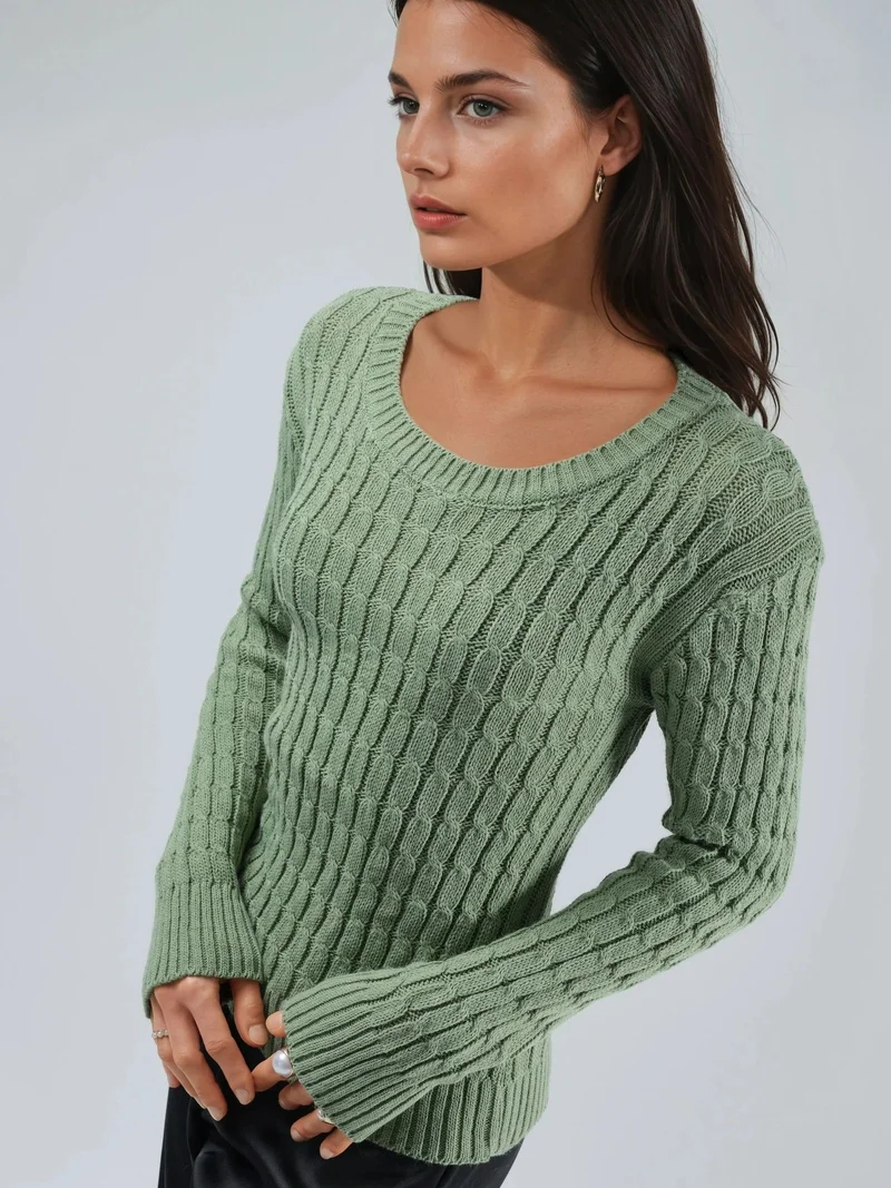 MY FASHION Sage Green MY FASHION Boat Neck Cable Knit Sweater for Women | Best Price UAE