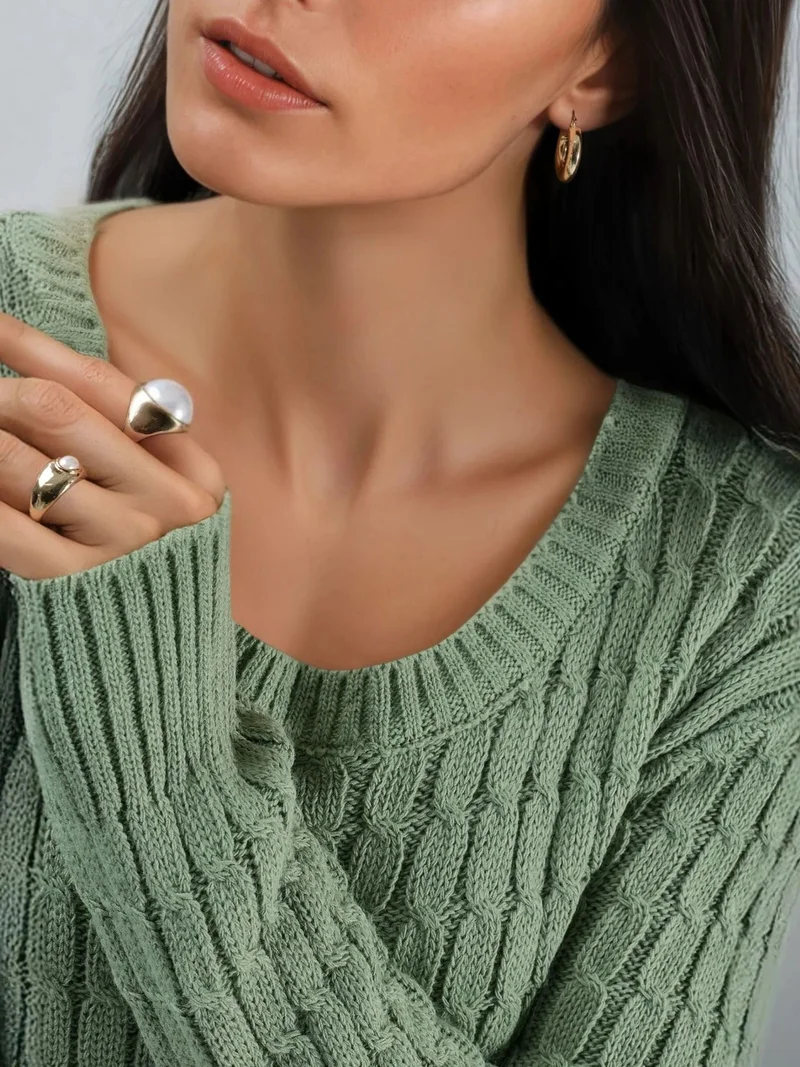 MY FASHION Sage Green MY FASHION Boat Neck Cable Knit Sweater for Women | Best Price UAE