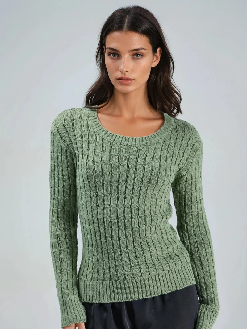 MY FASHION Sage Green MY FASHION Boat Neck Cable Knit Sweater for Women | Best Price UAE