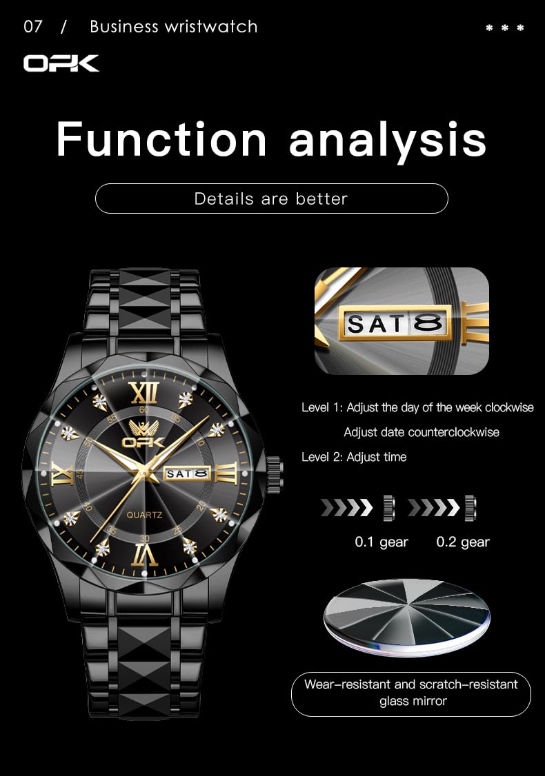 OPK Watches for Men Black Diamond Roman Analog Mens Watches Waterproof Large Stainless Steel Men Wrist Watch Business Father Gift Watch - Image 4
