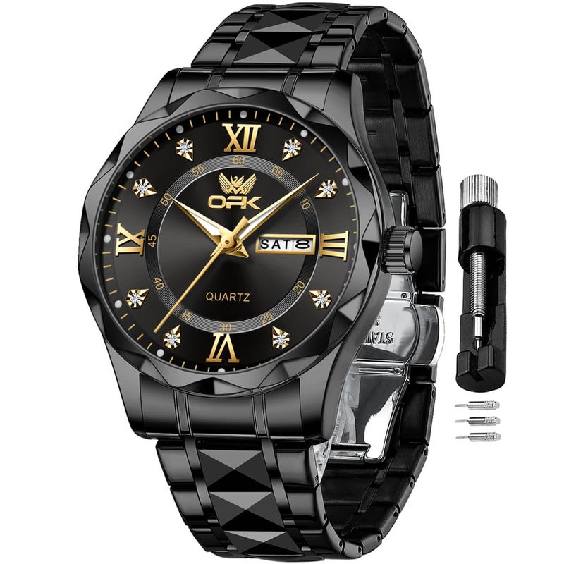 OPK Watches for Men Black Diamond Roman Analog Mens Watches Waterproof Large Stainless Steel Men Wrist Watch Business Father Gift Watch - Image 1
