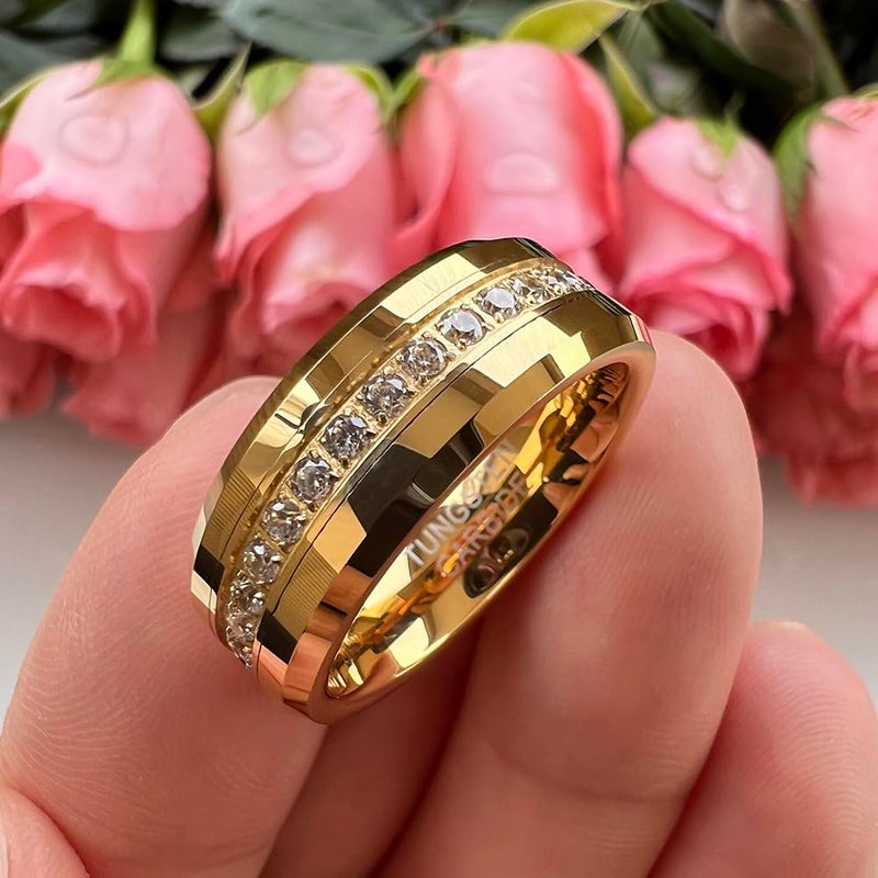 TUTISS 8mm Gold Tungsten Rings for Men Women Couple Eternity Anniversary Engagement Wedding Bands Fashion Jewelry CZ Stone Inlay Beveled Polished Shiny Comfort Fit Size 10.5 - Image 4