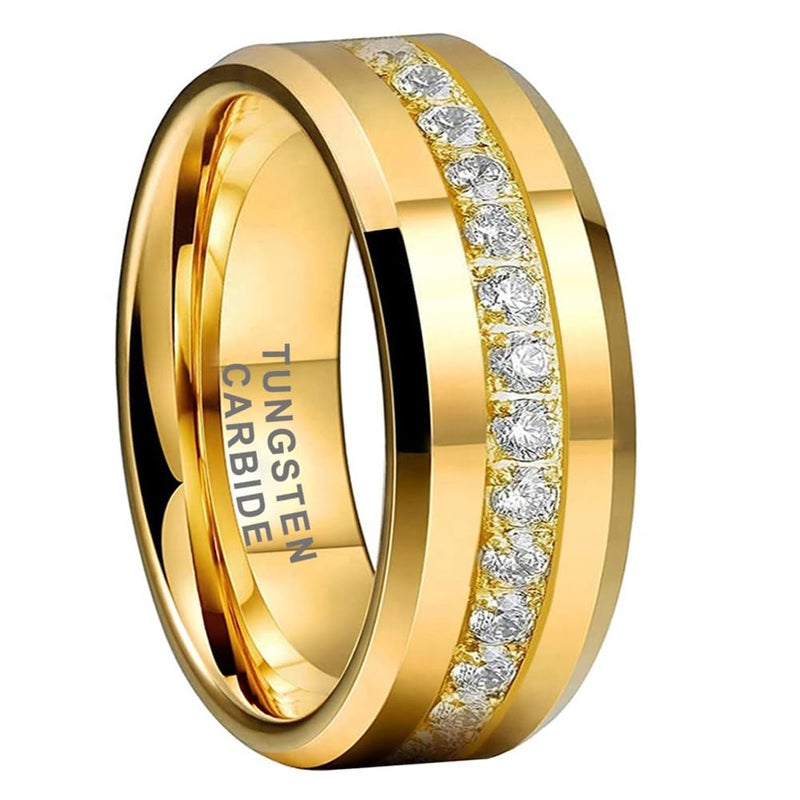 TUTISS 8mm Gold Tungsten Rings for Men Women Couple Eternity Anniversary Engagement Wedding Bands Fashion Jewelry CZ Stone Inlay Beveled Polished Shiny Comfort Fit Size 10.5 - Image 1