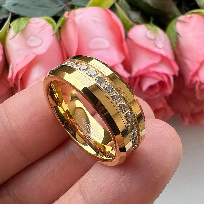 TUTISS 8mm Gold Tungsten Rings for Men Women Couple Eternity Anniversary Engagement Wedding Bands Fashion Jewelry CZ Stone Inlay Beveled Polished Shiny Comfort Fit Size 10.5 - Image 2
