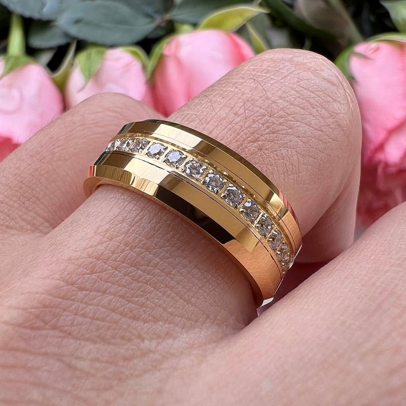 TUTISS 8mm Gold Tungsten Rings for Men Women Couple Eternity Anniversary Engagement Wedding Bands Fashion Jewelry CZ Stone Inlay Beveled Polished Shiny Comfort Fit Size 10.5 - Image 5