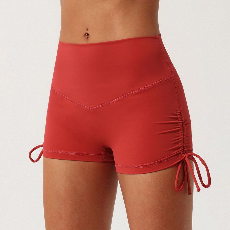 Cross-border new pleated drawstring yoga shorts quick-drying V-shaped hip lifting sports three-point pants running training fitness pants Brown orange  - Image 1