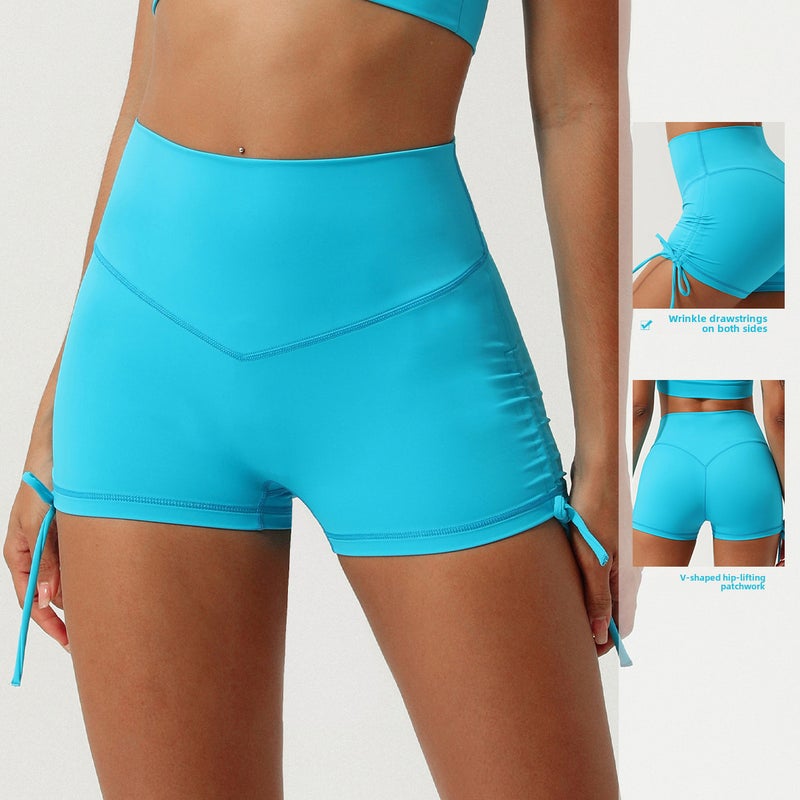 Cross-border new pleated drawstring yoga shorts quick-drying V-shaped hip lifting sports three-point pants running training fitness pants Brown orange  - Image 5