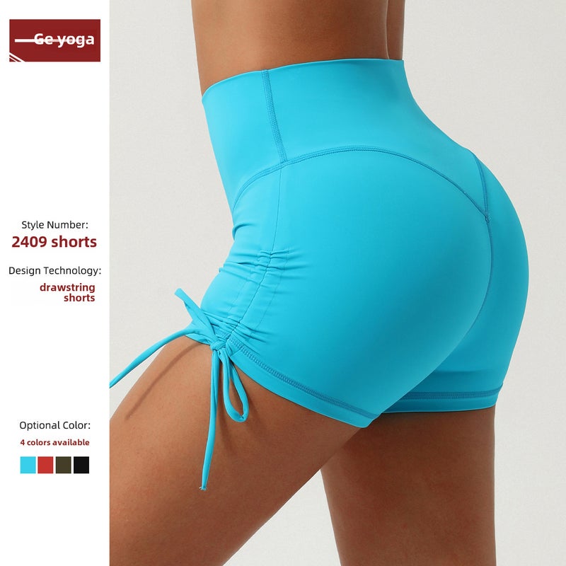 Cross-border new pleated drawstring yoga shorts quick-drying V-shaped hip lifting sports three-point pants running training fitness pants Brown orange  - Image 3