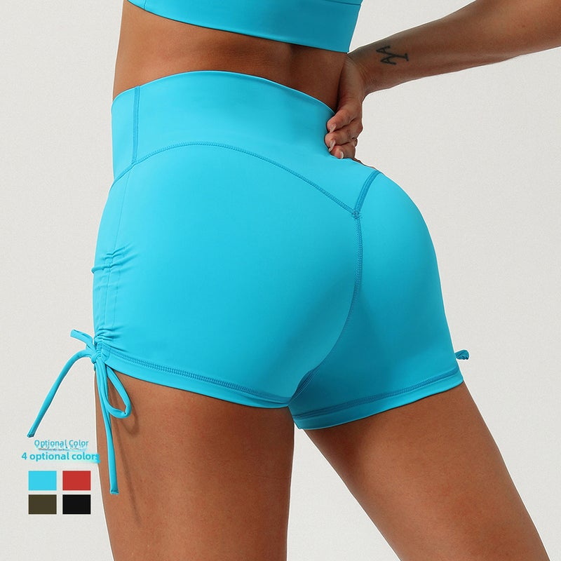 Cross-border new pleated drawstring yoga shorts quick-drying V-shaped hip lifting sports three-point pants running training fitness pants Brown orange  - Image 4