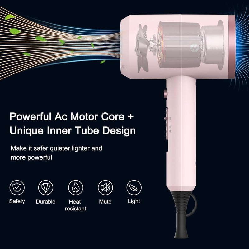 SLOPEHILL Professional Ionic Hair Dryer, Powerful 1800W Fast Drying Low Noise Blow Dryer with 2 Concentrator Nozzle 1 Diffuser Attachments for Home Salon Travel (Pottery Pink and Rose Gold) - Image 2