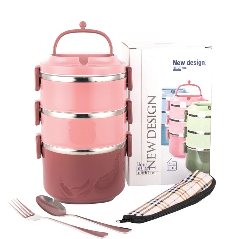 SANQIAHOME 3 Tier Stackable Stainless Steel Lunch Box Sealedpink 3 layers with spoon and fork