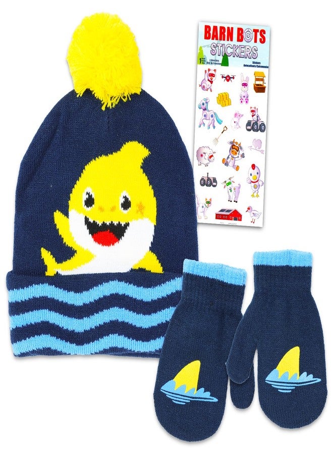 Baby Shark Hat and Mittens Set - Bundle with Beanie, Mittens, Stickers | Baby Shark Winter Gear Gifts for Boys, Girls, Kids - Image 1