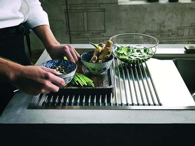 Kruvad RollUp Dish Drying Rack Multipurpose HeatResistant OverTheSink Rack Stainless Steel Fruit Vegetable Strainer 52x40x1 CM - Image 4