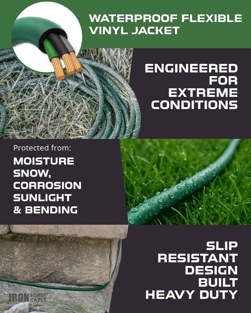 IRON FORGE CABLE 50ft Green Outdoor Extension Cord with 3 Outlets - 16/3 SJTW 50ft Extension Cord 3 Prong, 13 Amp All-Weather Heavy Duty Power Cable - Image 4