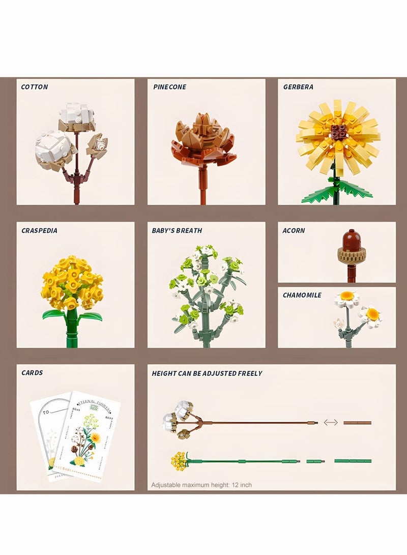 Mini Bricks Flower Bouquet Building Sets, Artificial Flowers Building Blocks, Decoration Home, 646 Pcs Botanical Collection for Adults, Not Compatible with Lego (Cotton/Pine Cone/Gerbera/Craspedia) - Image 5