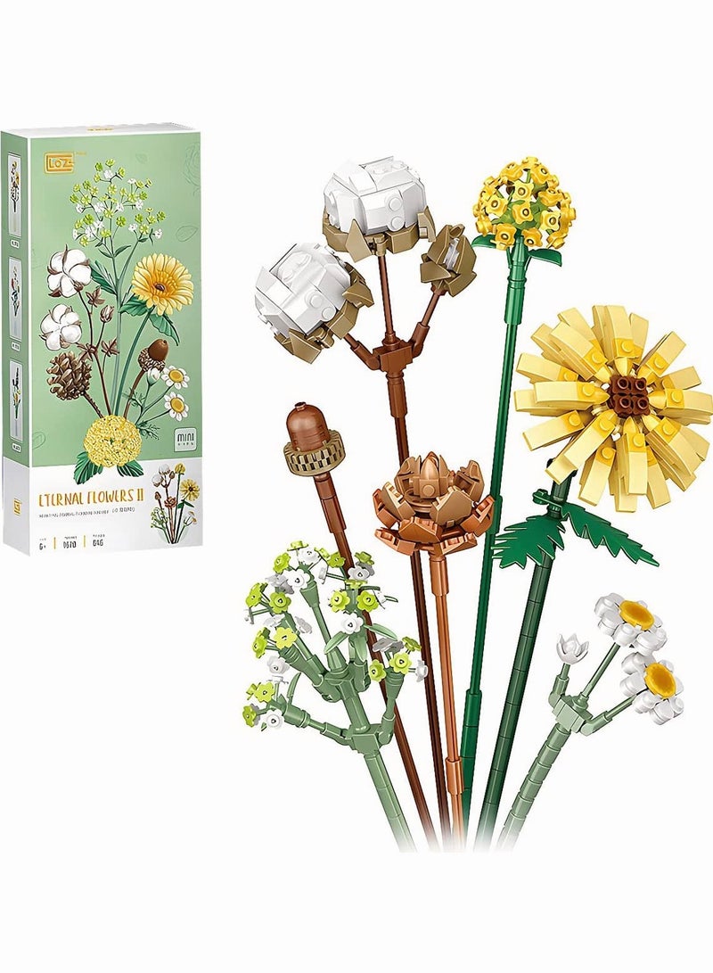 Mini Bricks Flower Bouquet Building Sets, Artificial Flowers Building Blocks, Decoration Home, 646 Pcs Botanical Collection for Adults, Not Compatible with Lego (Cotton/Pine Cone/Gerbera/Craspedia) - Image 1