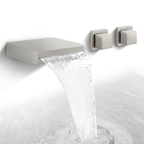 SKOWLL Wall Mount Bathroom Faucet, Brushed Nickel Widespread Waterfall Vanity Faucet for Bathroom Sink, 2 Handle Wall Mount Bathtub Faucets Rough-in Valve - Image 1