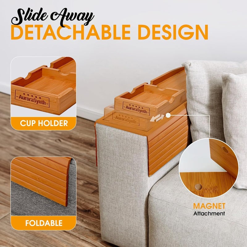 AuroraSynth Couch Cup Holder with 2 Cork Coasters | Couch Caddy with Detachable Tray | Anti-Slip Foldable Armrest Sofa Tray, Anti-Spill Holder for Remote, Snacks, Cellphone - Ideal Gift (Mahogany) - Image 2