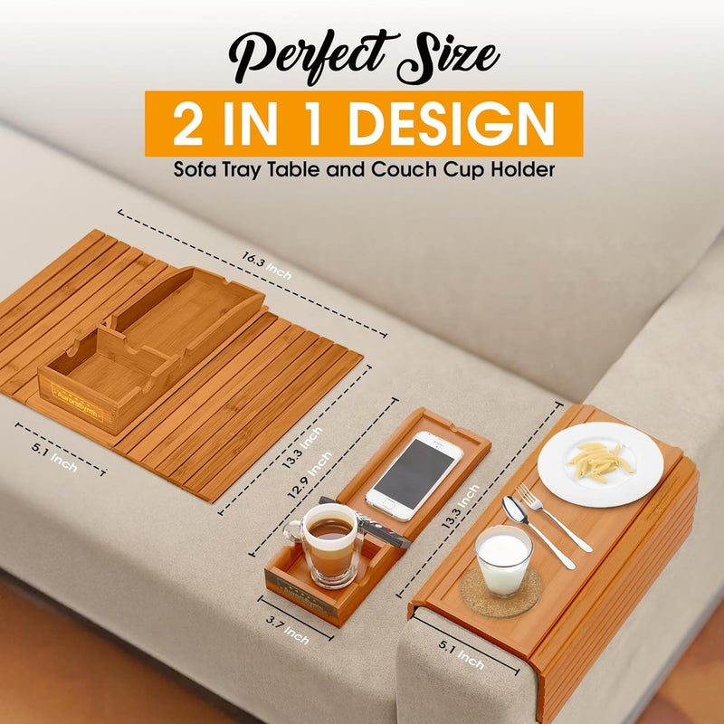 AuroraSynth Couch Cup Holder with 2 Cork Coasters | Couch Caddy with Detachable Tray | Anti-Slip Foldable Armrest Sofa Tray, Anti-Spill Holder for Remote, Snacks, Cellphone - Ideal Gift (Mahogany) - Image 3