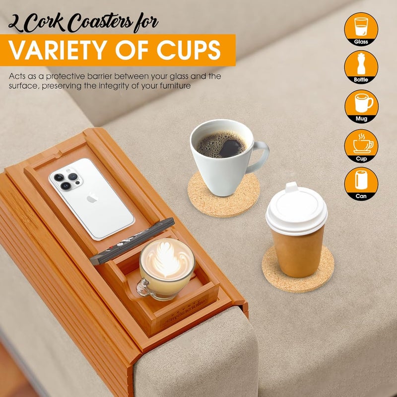 AuroraSynth Couch Cup Holder with 2 Cork Coasters | Couch Caddy with Detachable Tray | Anti-Slip Foldable Armrest Sofa Tray, Anti-Spill Holder for Remote, Snacks, Cellphone - Ideal Gift (Mahogany) - Image 4