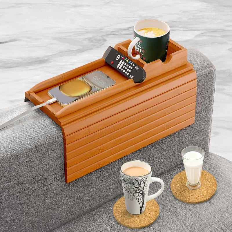 AuroraSynth Couch Cup Holder with 2 Cork Coasters | Couch Caddy with Detachable Tray | Anti-Slip Foldable Armrest Sofa Tray, Anti-Spill Holder for Remote, Snacks, Cellphone - Ideal Gift (Mahogany) - Image 1