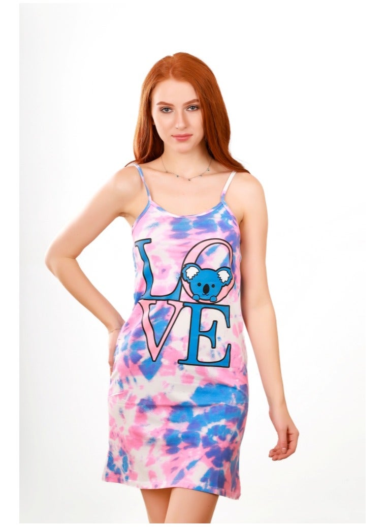 Selina Wear Selina Wear Women's Mini Night Gown -  Sleepwear, Female Nightie Dress, Printed Pink and Blue with Love Design  - Image 3