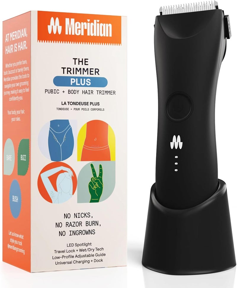 MERIDIAN Trimmer Plus Body Hair Manscaping Trimmer Adjustable Guard USB C Charging Flash Light Travel Lock Charging Dock Bikini Trimmer Mens Body Hair Trimmer  Onyx