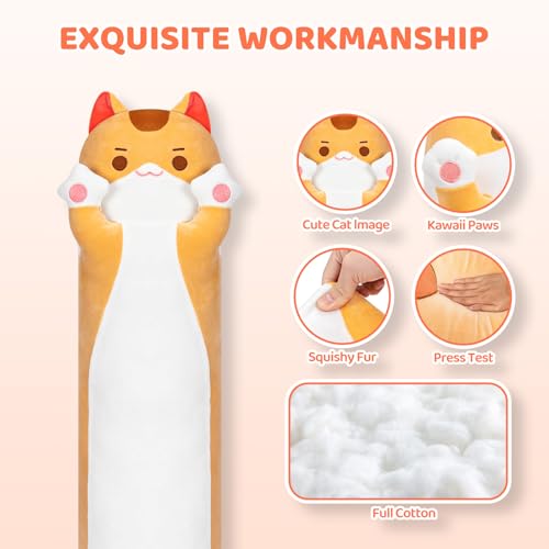 Mewaii Long Cat Plush Kawaii Kids Plush Toy Pillows, Cute Cat Stuffed Animals Soft Plushies, Kitten Big Plush Toys Throw Body Pillow Doll Gift for Girls Boys (Brown Cat Body Pillow 20 Inch) - Image 3
