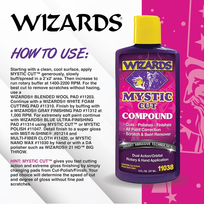 WIZARDS Mystic Cut Smart Abrasive for Auto Detailing Supplies - No Mess Scratch Remover for Vehicles - Water Based Cutting Compound - Removes Swirls, Defects, Fading, Water Spots - 8 oz - Image 3