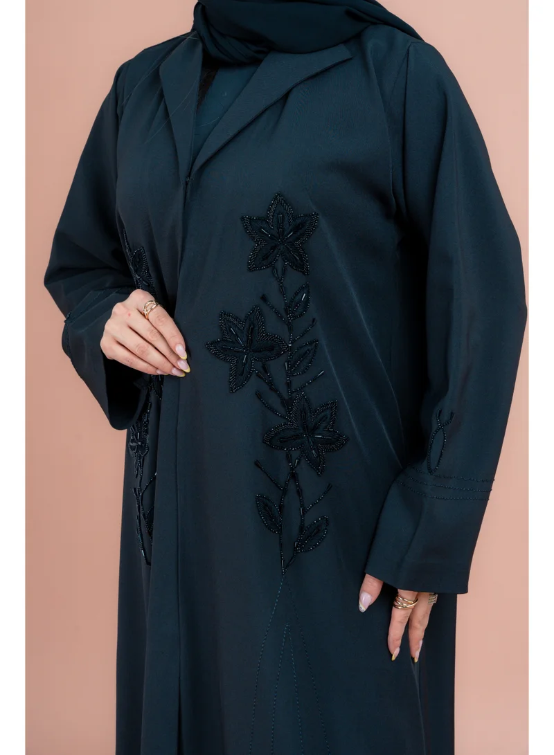 IKKXA Traditional Crystal Floral Design Abaya AIK042 Blue