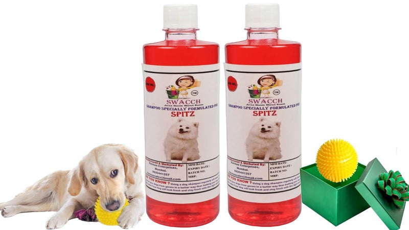 swacch Shampoo | Puppy Safe Shampoo | PH Balanced | Ditch to Itch for Spitz Dog Shampoo 500ml Pack of 2 (Strawberry) + Spike Ball Chew Toy Combo Pack - Image 1