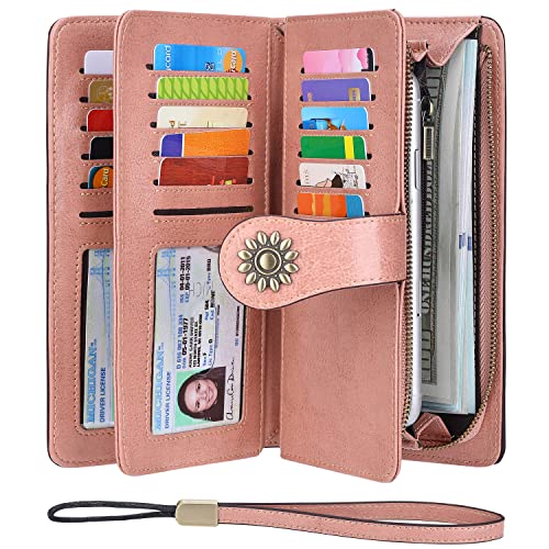 Lavemi Womens Large Capacity Genuine Leather RFID Blocking Wallets Wristlet Clutch Card Holder(1- Dark Pink) - Image 1