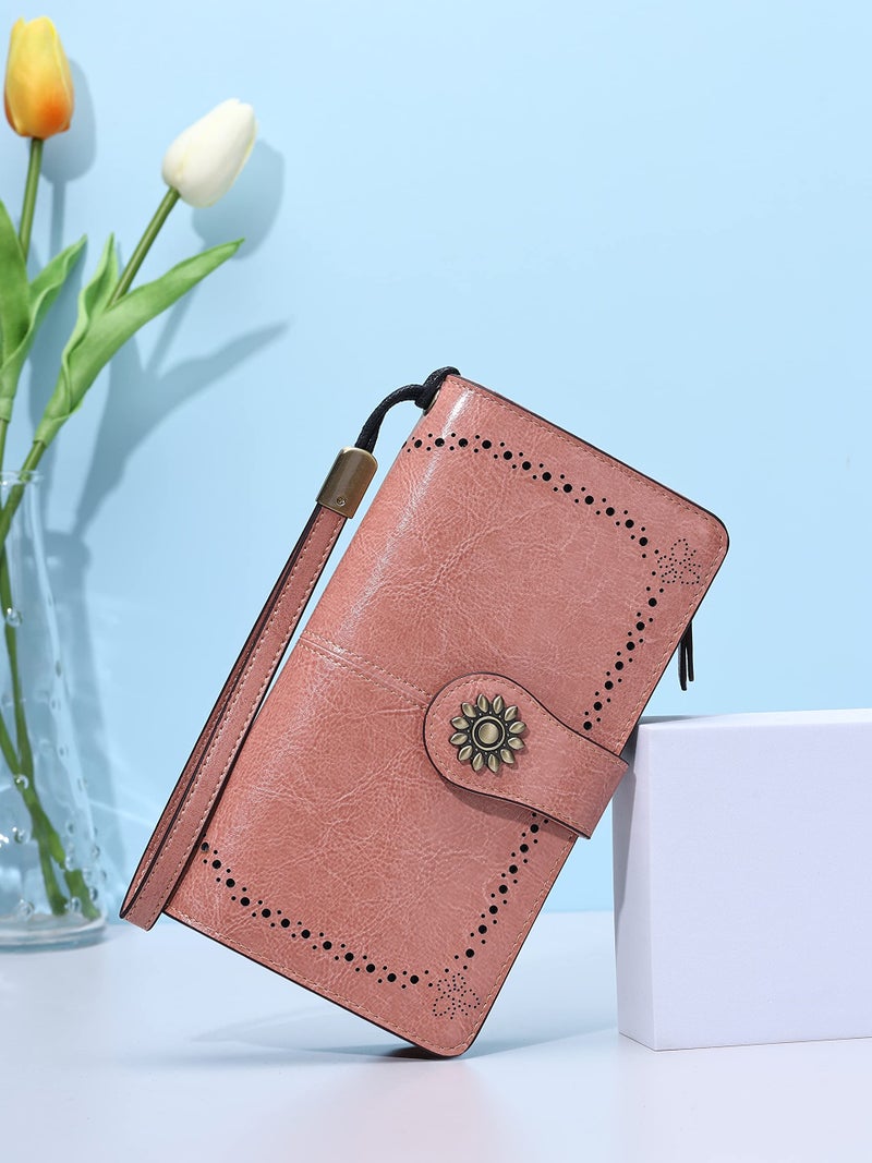 Lavemi Womens Large Capacity Genuine Leather RFID Blocking Wallets Wristlet Clutch Card Holder(1- Dark Pink) - Image 2