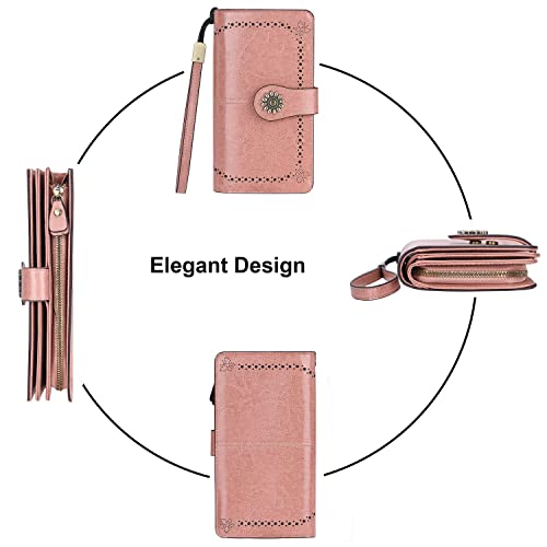 Lavemi Womens Large Capacity Genuine Leather RFID Blocking Wallets Wristlet Clutch Card Holder(1- Dark Pink) - Image 4