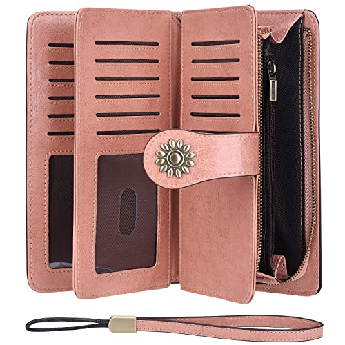 Lavemi Womens Large Capacity Genuine Leather RFID Blocking Wallets Wristlet Clutch Card Holder(1- Dark Pink) - Image 3