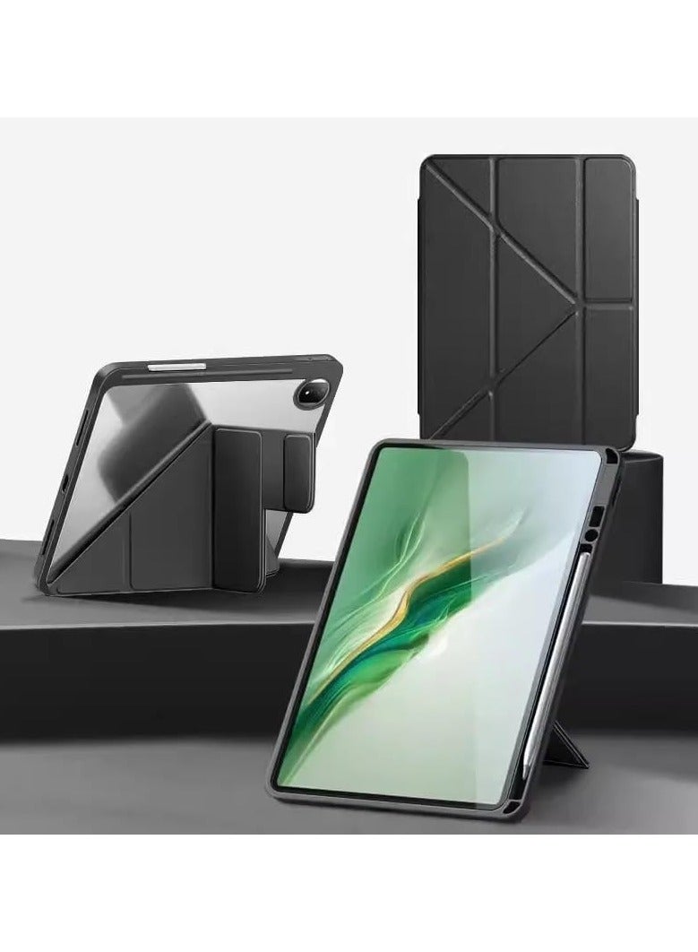 general Case Compatible with Honor MagicPad 2 12.3 Inch (2024), Ultra-thin Y-Folding Leather Case with Pencil Holder, Transparent Acrylic Back Shell Protective Cover