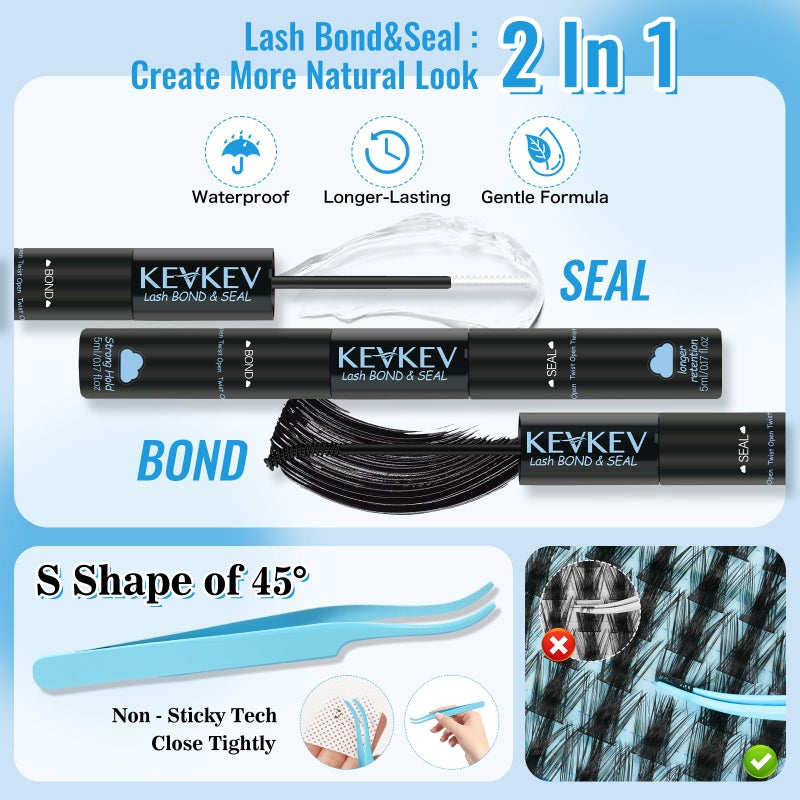 KEVKEV Lash Clusters Kit 144pcs Lashes Clusters 8-18mm Lash Extension Kit Thin Band Eyelash Extension Kit Lash Clusters with Lash Bond and Seal Lash Tweezers DIY Lash At Home(Kit-K01) - Image 4