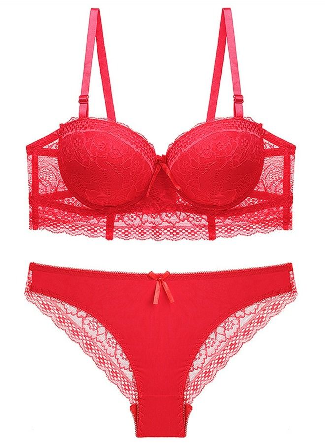 Solid Color B C Cup Thin Cup Lace Bra Panty Set Women's Underwear Red 