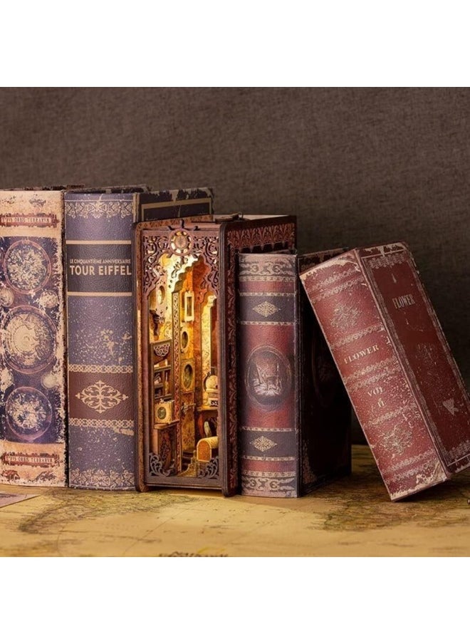 3D Wooden Puzzle Bookends, DIY Book Nook Kit, Island Holiday Model Building Kit Insert Decor with Sensor Light, Creative Stand Bookshelf for Home Decorative Books (Style 2 Sakura